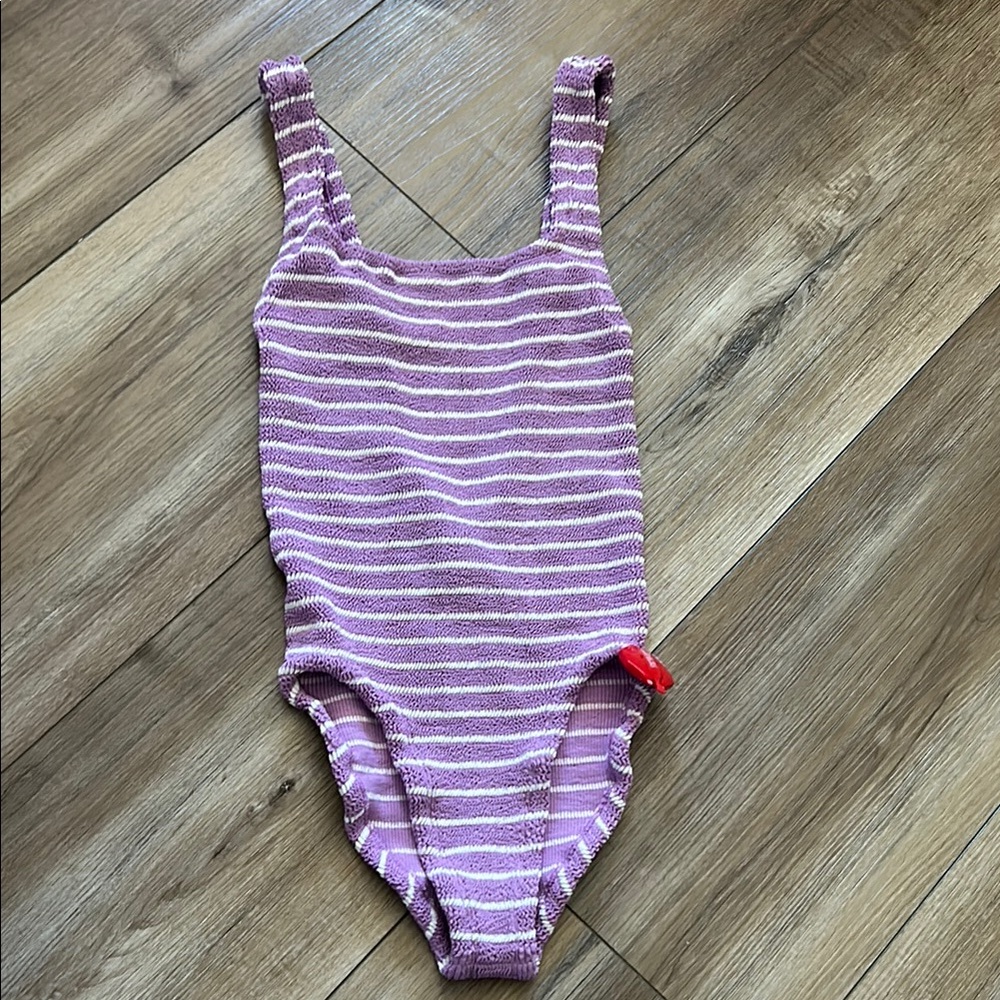 Hunza G Lilac and White Striped One-Piece Swimsuit